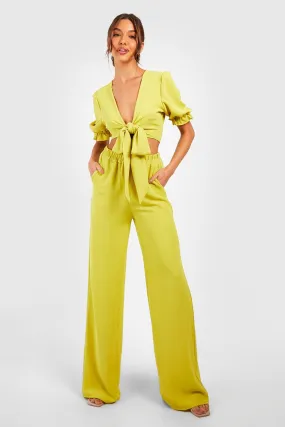Hammered Tie Front Puff Sleeve Crop & Wide Leg Pants
