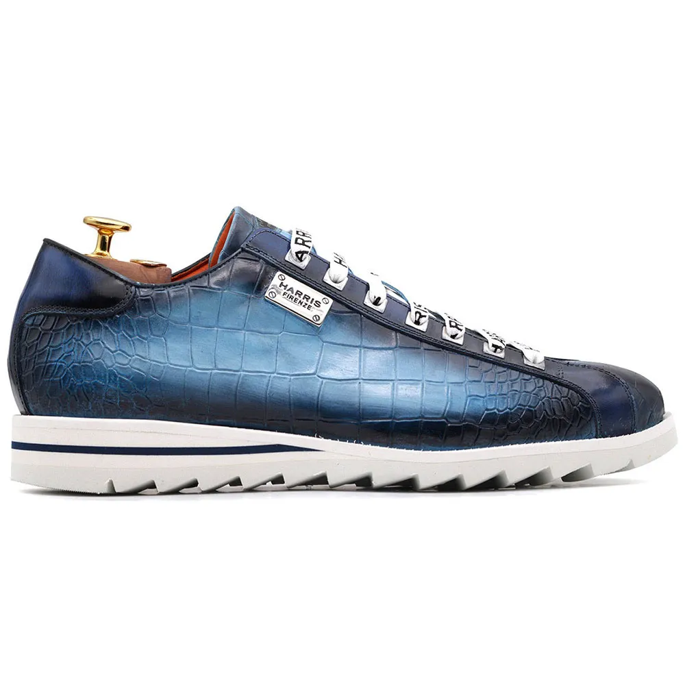 Harris Firenze 1913 Embossed Crocodile Print Leather Sneakers Blue