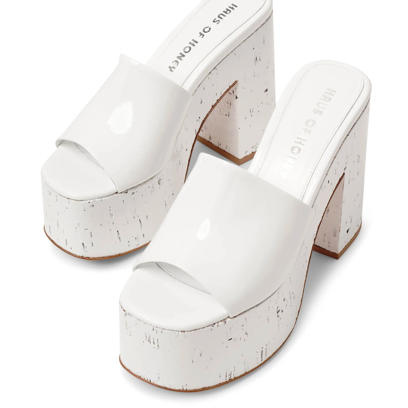 Haus of Honey Lacquer Doll white patent platform mules