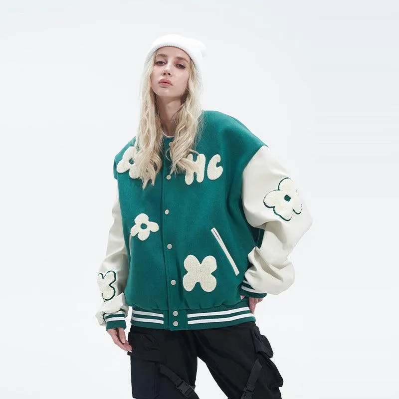 H/C Embroidered Flowers Varsity Jacket