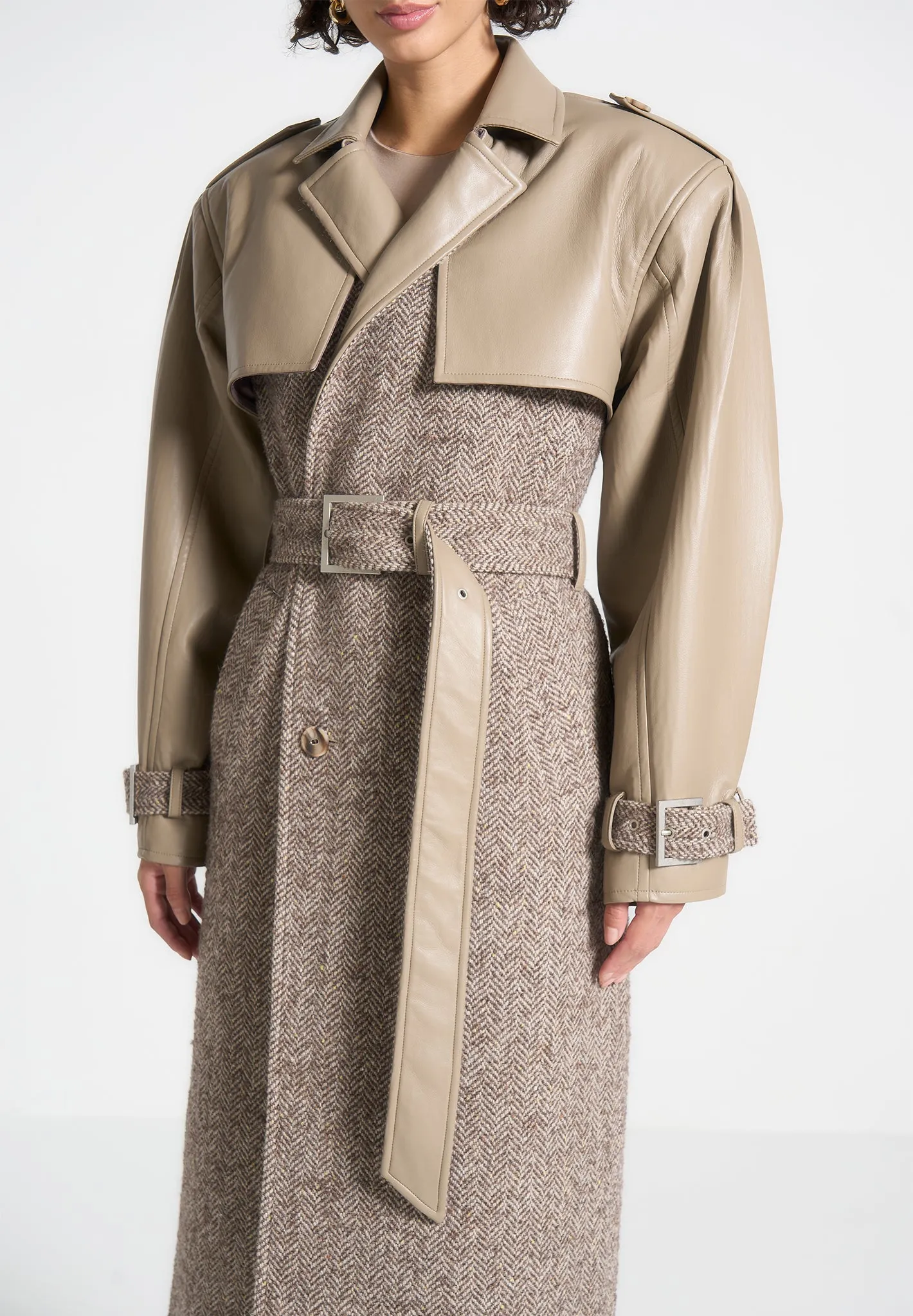 Herringbone Wool & Leather Trench Coat - Taupe