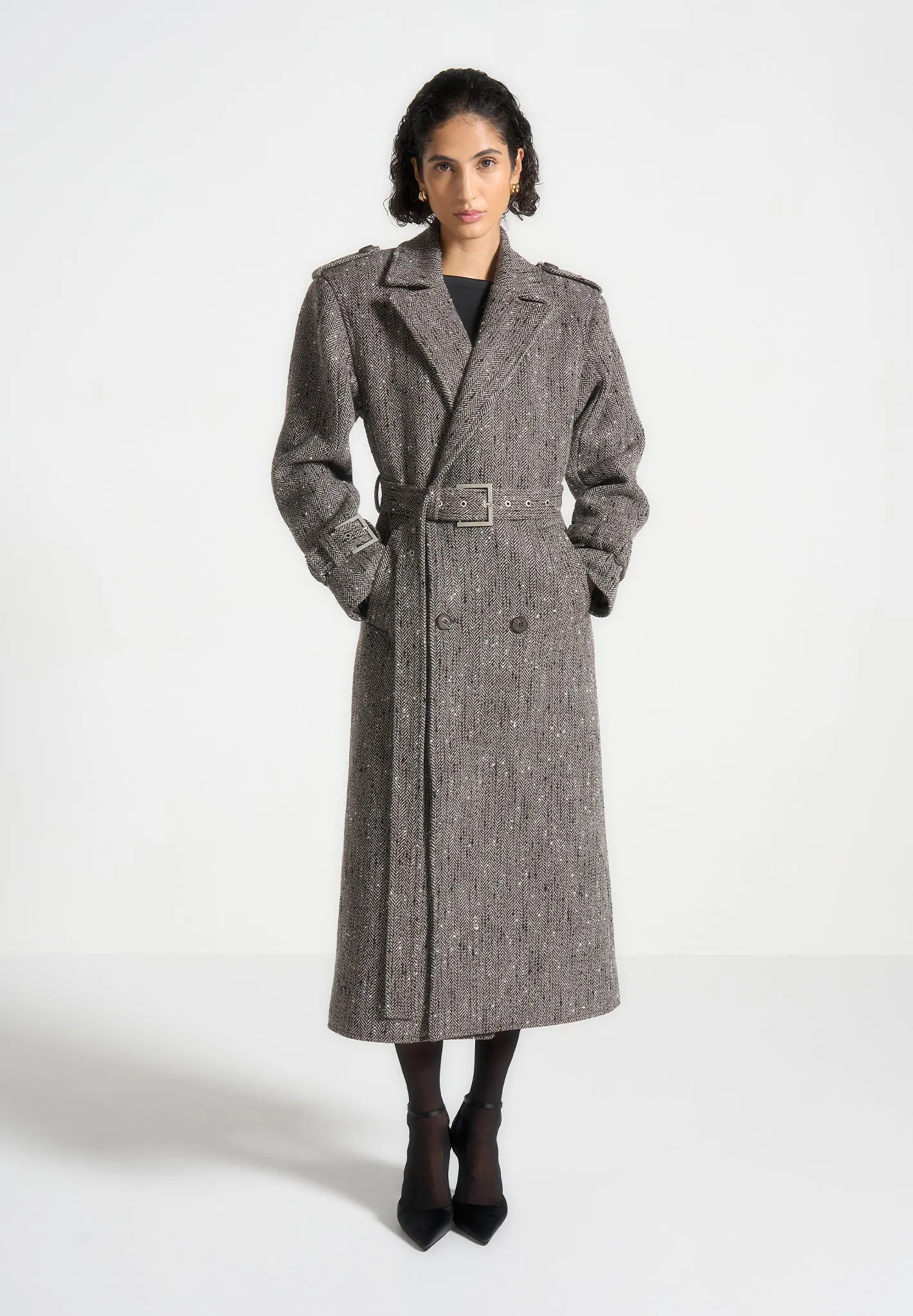 Herringbone Wool Trench Coat with Scarf - Brown