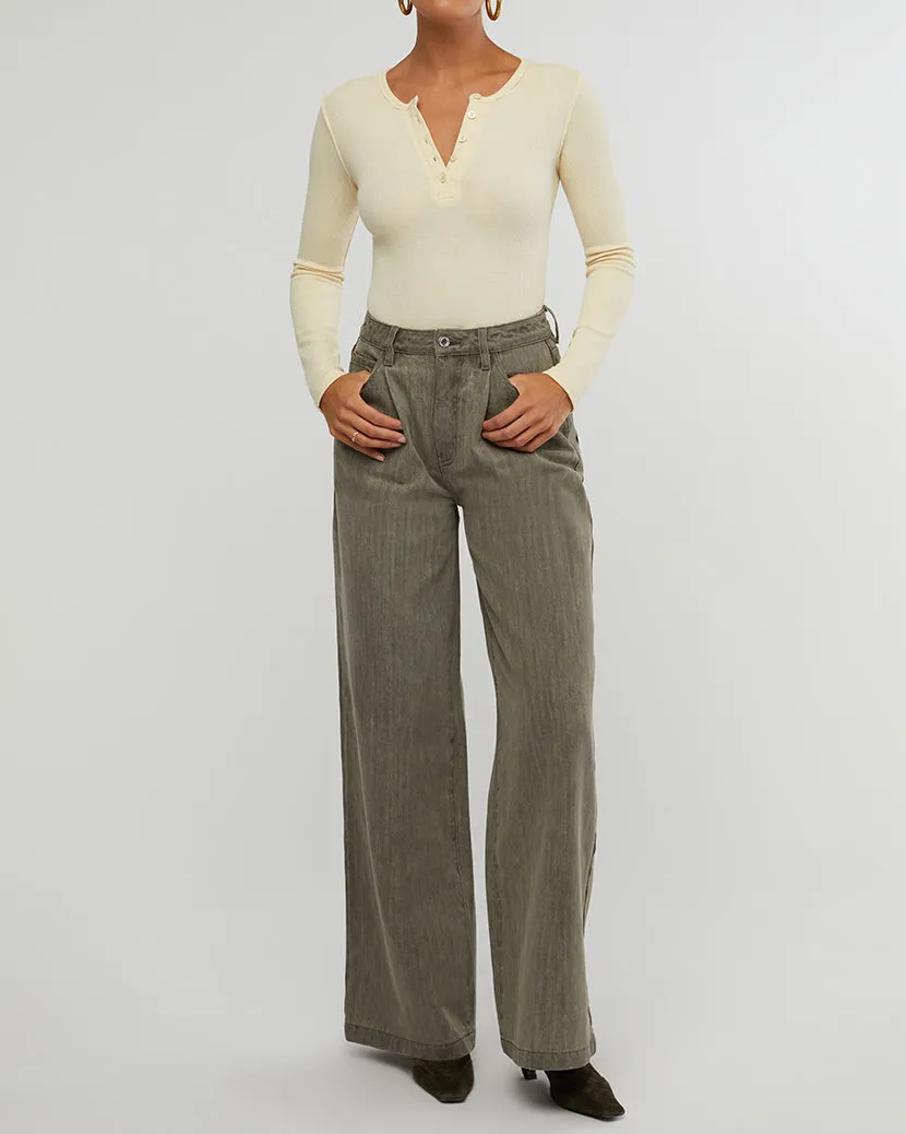 High Rise Pleated Wide Leg Pants | Stone Wash