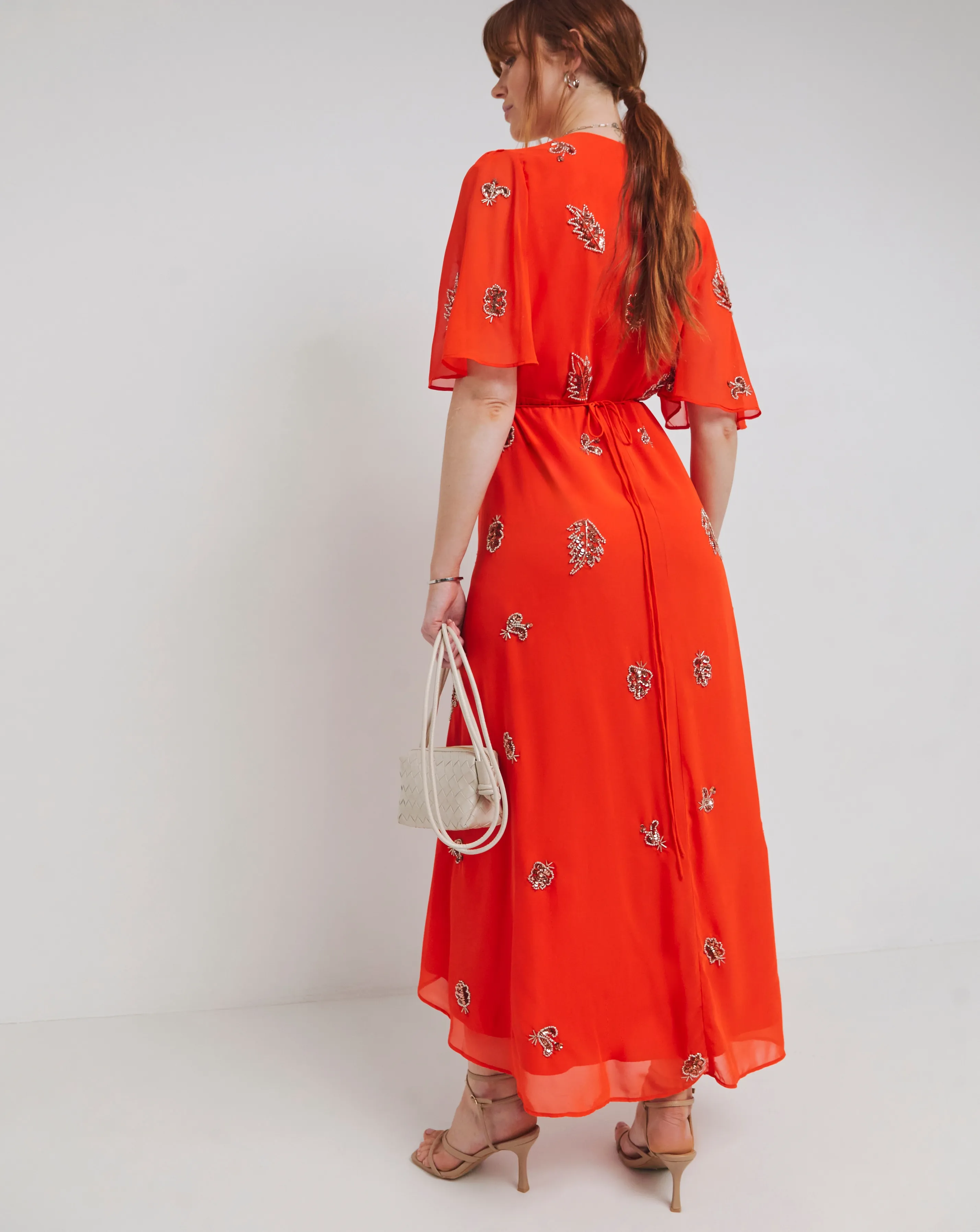 Hope & Ivy Alana Embellished Wrap Dress with Tie Waist and Flutter Sleeves | Simply Be
