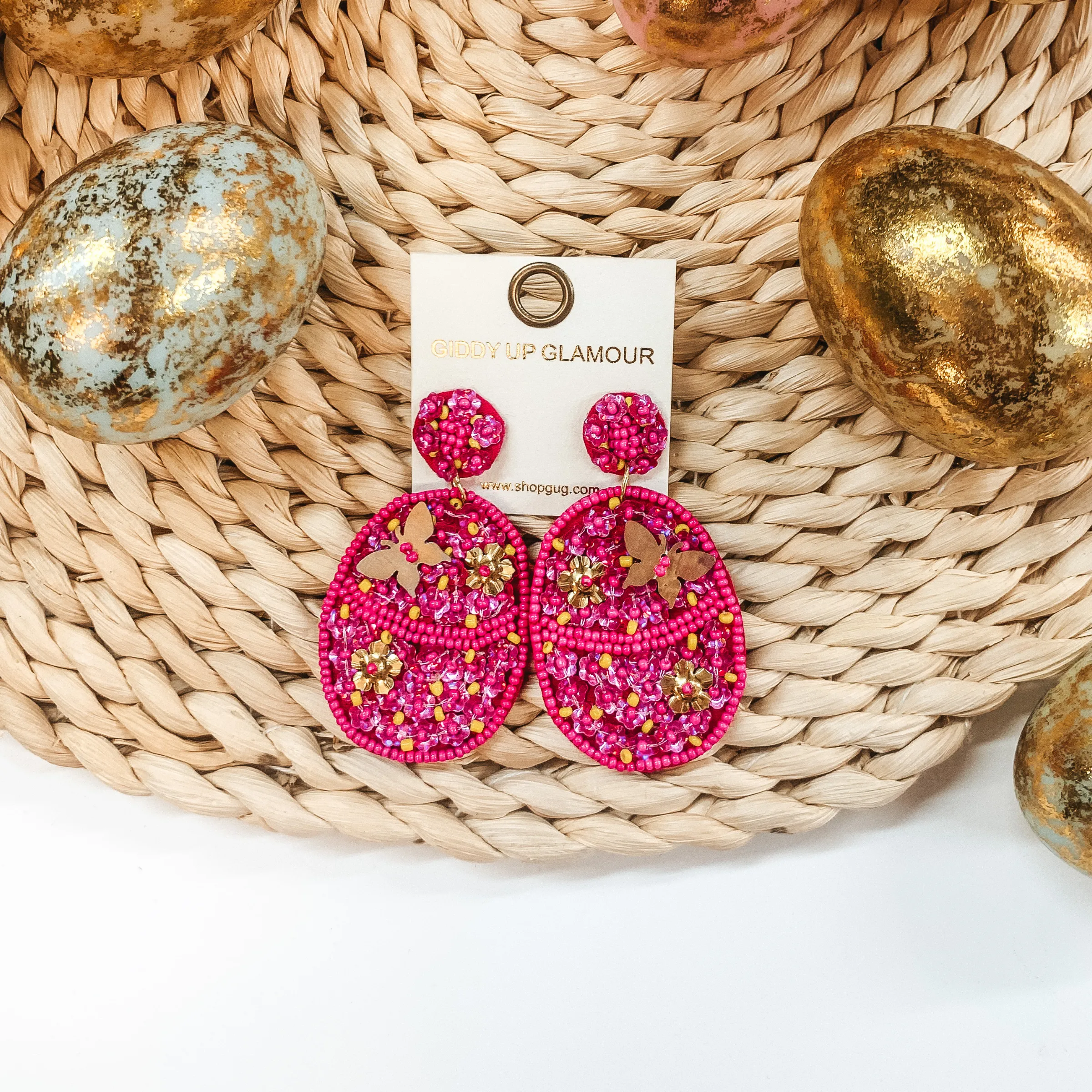 Hoppy Easter Sequin Beaded Easter Egg Earrings in Fuchsia