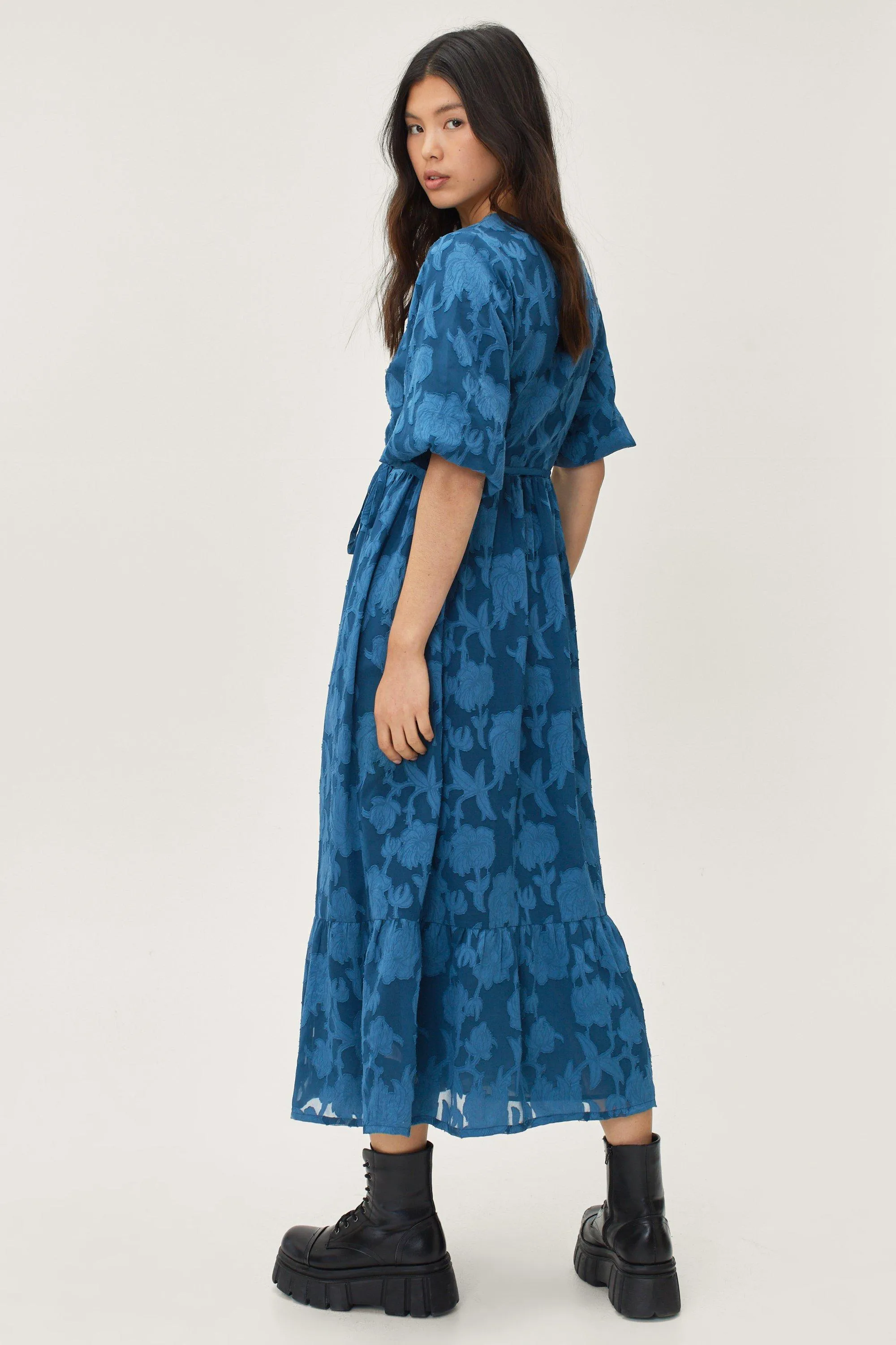 Jacquard Floral Print Midi Wrap Dress