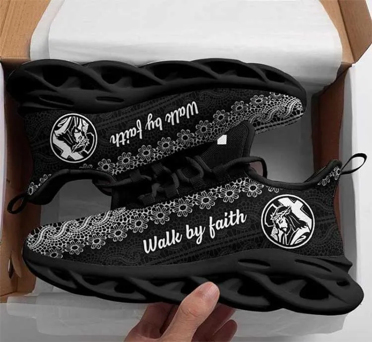 Jesus Christian Cross Walk By Faith Religious Lace Fabric Style Clunky Sneakers