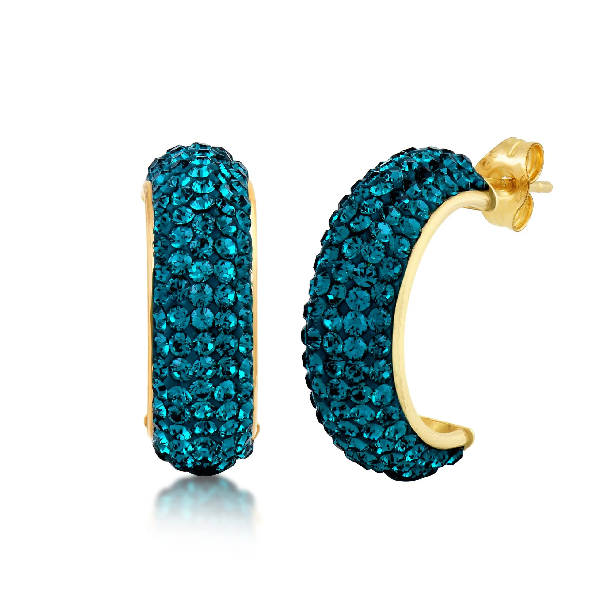 Jewelili 10K Yellow Gold with Round Green Crystal J-Hoop Earrings