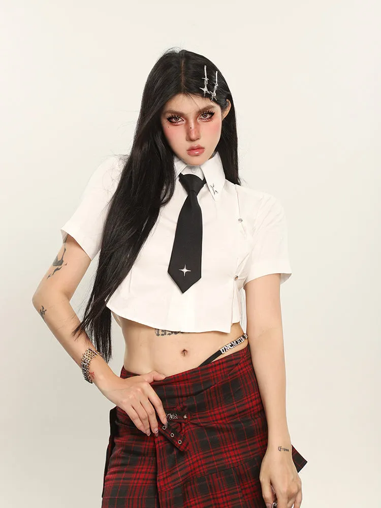 Kelsy Solid Color Stitching Design Cropped Office Shirt Top + Necktie