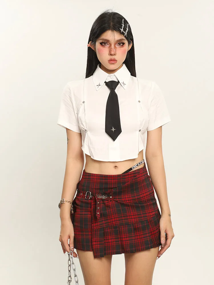 Kelsy Solid Color Stitching Design Cropped Office Shirt Top + Necktie