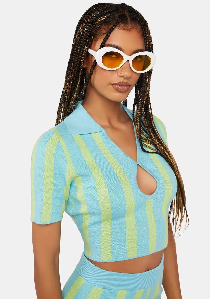 Keyhole Stripe Knit Polo Top-