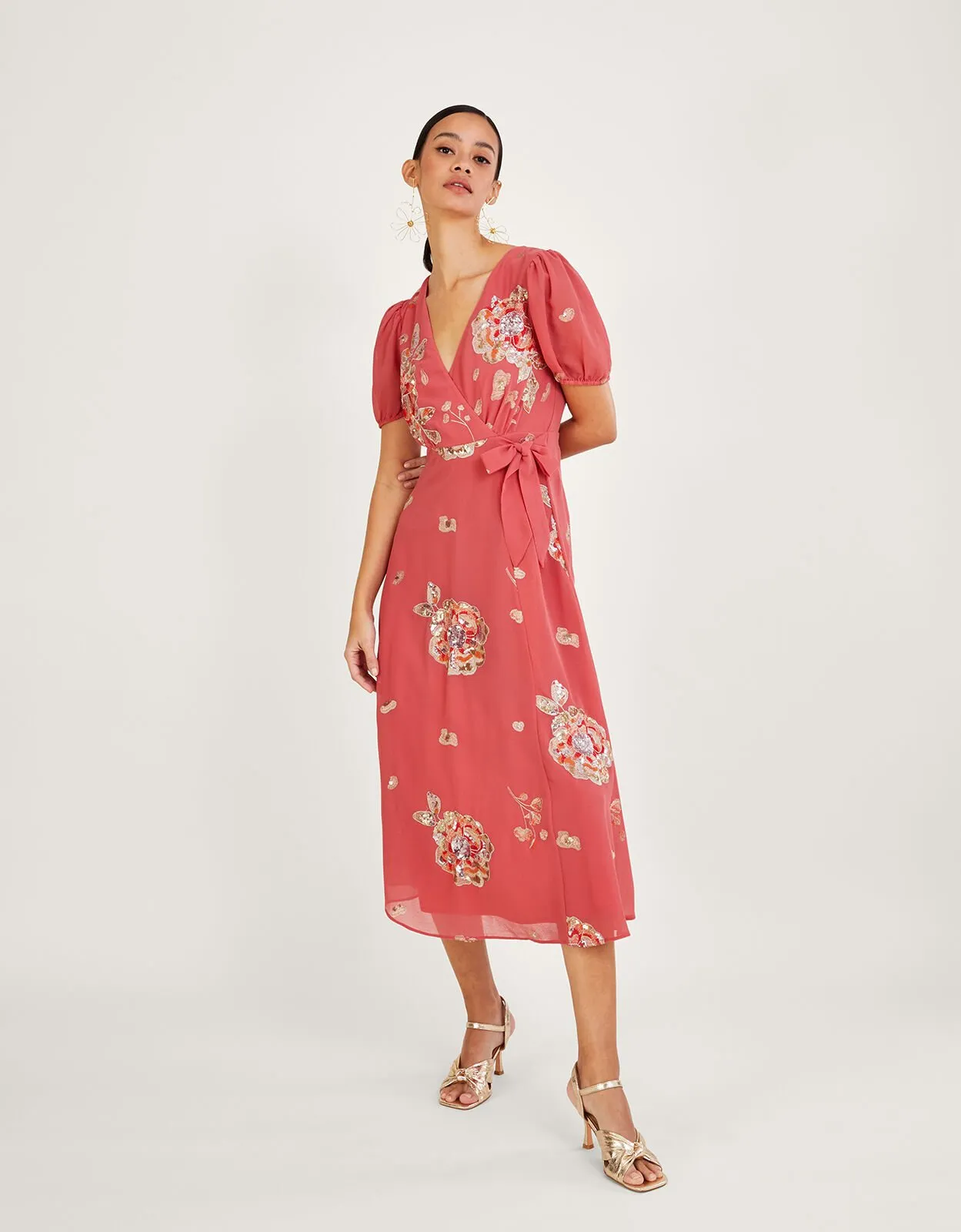 Kira Embellished Wrap Dress in Recycled Polyester Pink