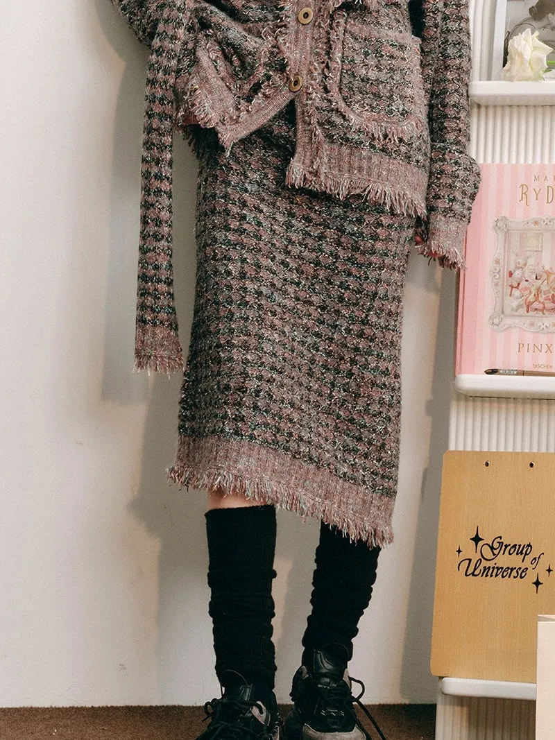 Knitted Fringe Cardigan Jacket With Stole ＆ Long Skirt