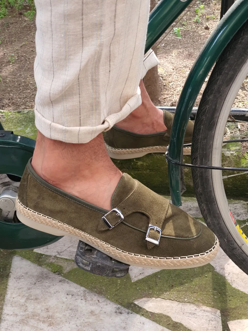 Kurni Khaki Double Buckled Suede Leather Shoes