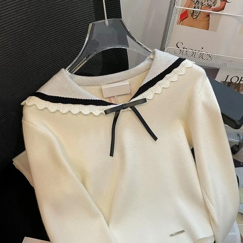 Lace navy collar contrasting color sweater for women autumn 2023 new retro sweet bow short long-sleeved top