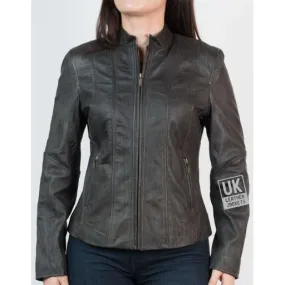 Ladies Dark Brown Classic Zip Leather Jacket - Crushed Finish | Free UK Delivery