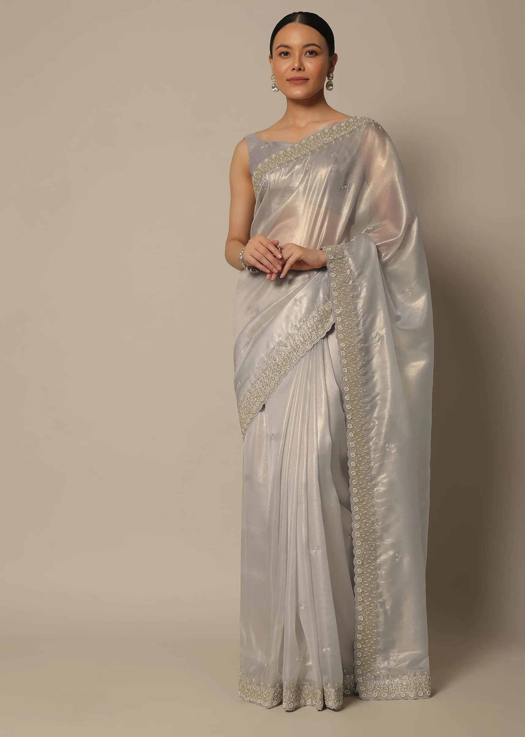 Light Grey Tissue Saree With Bead And Cutdana Work And Unstitched Blouse Piece