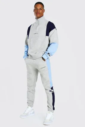 Loose Fit Colour Block Half Zip Tracksuit | boohooMAN UK