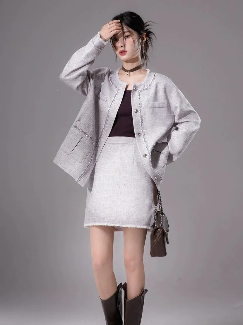 Loose Tweed Jacket & Skirt Set-up