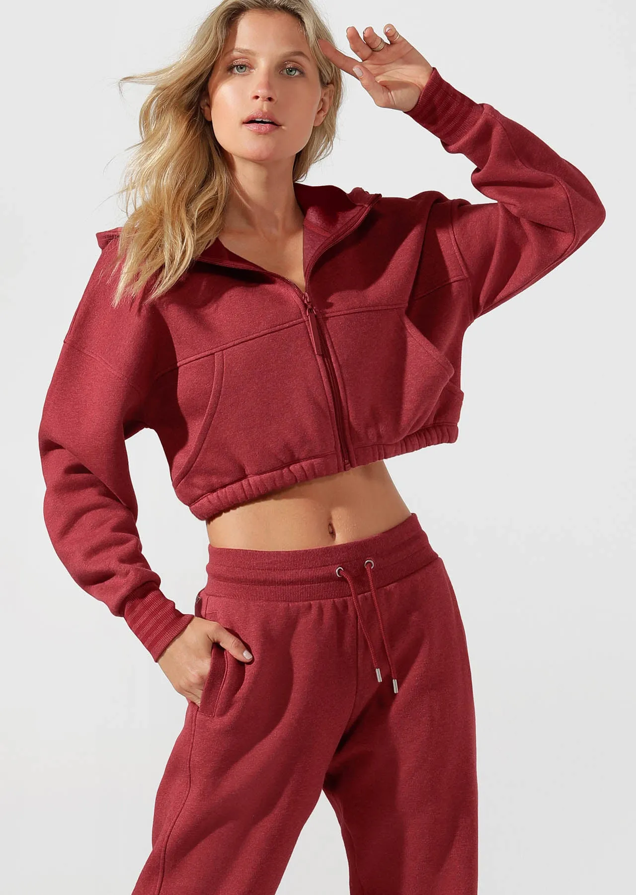 Lorna Jane Kourtney Cropped Hoodie in Dark Red Marl