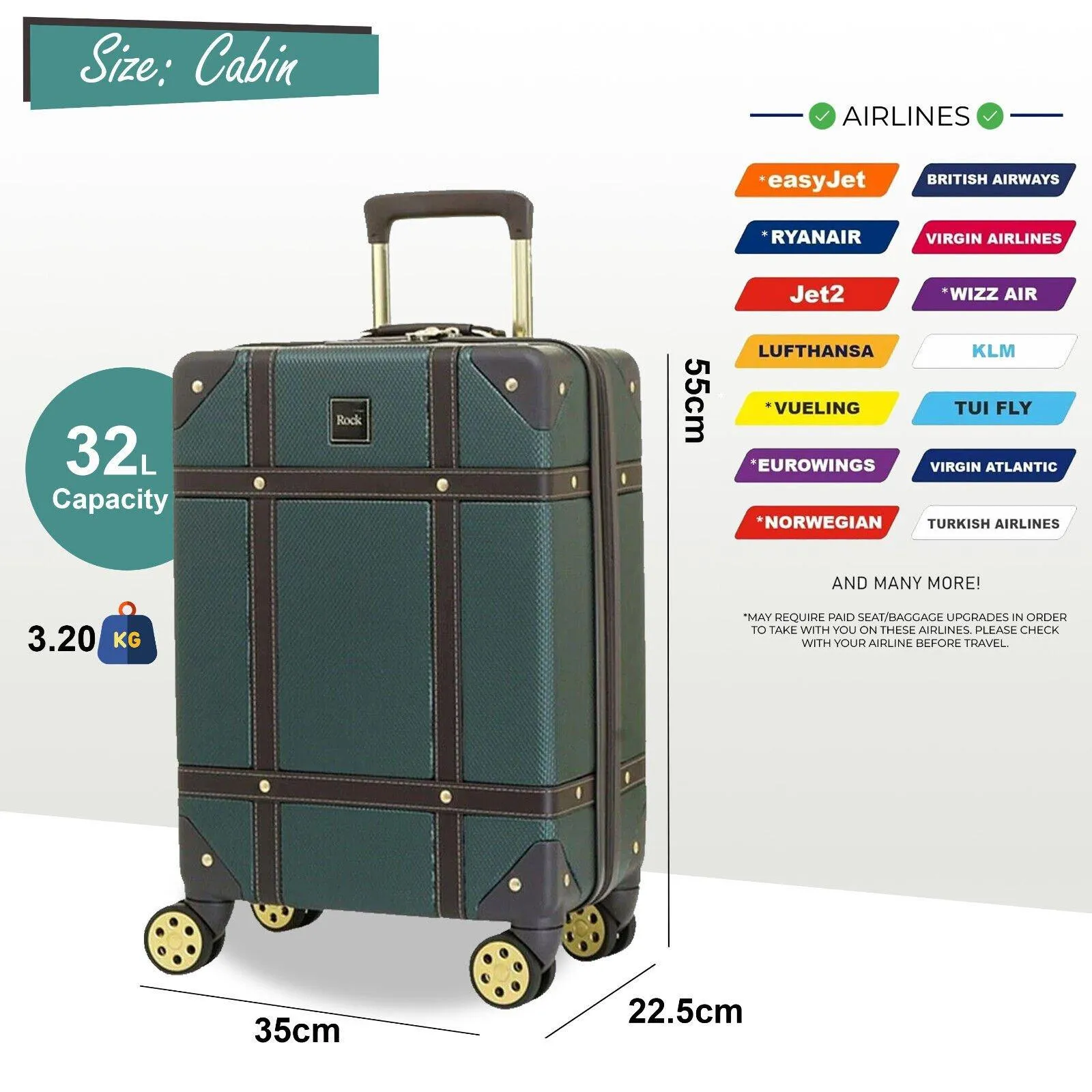 Luggage | Cabin Vintage Suitcase 55 x 35 x 22 cm Hard Shell Luggage Carry On Easyjet, Ryanair, Jet 2 | Infinity Leather