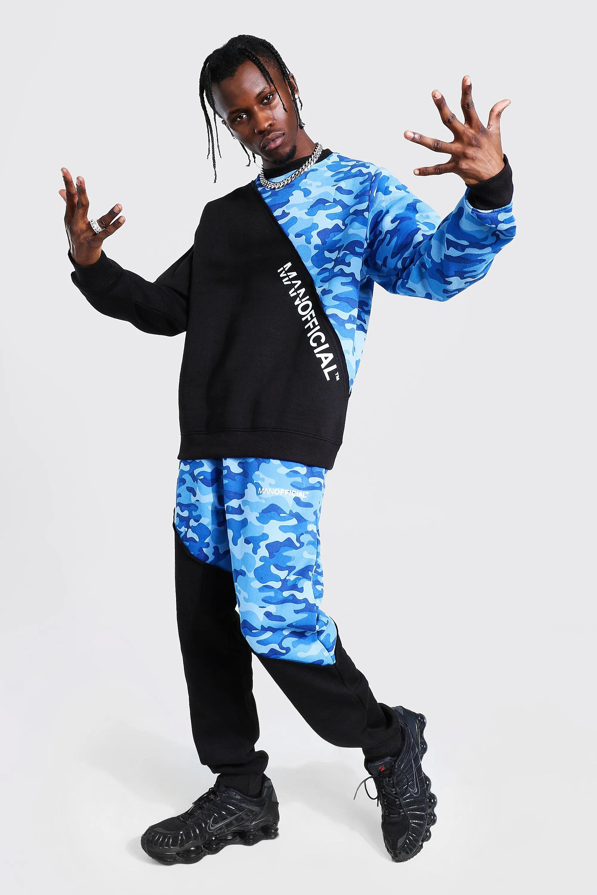Man Camo Spliced Raw Seam Sweater Tracksuit