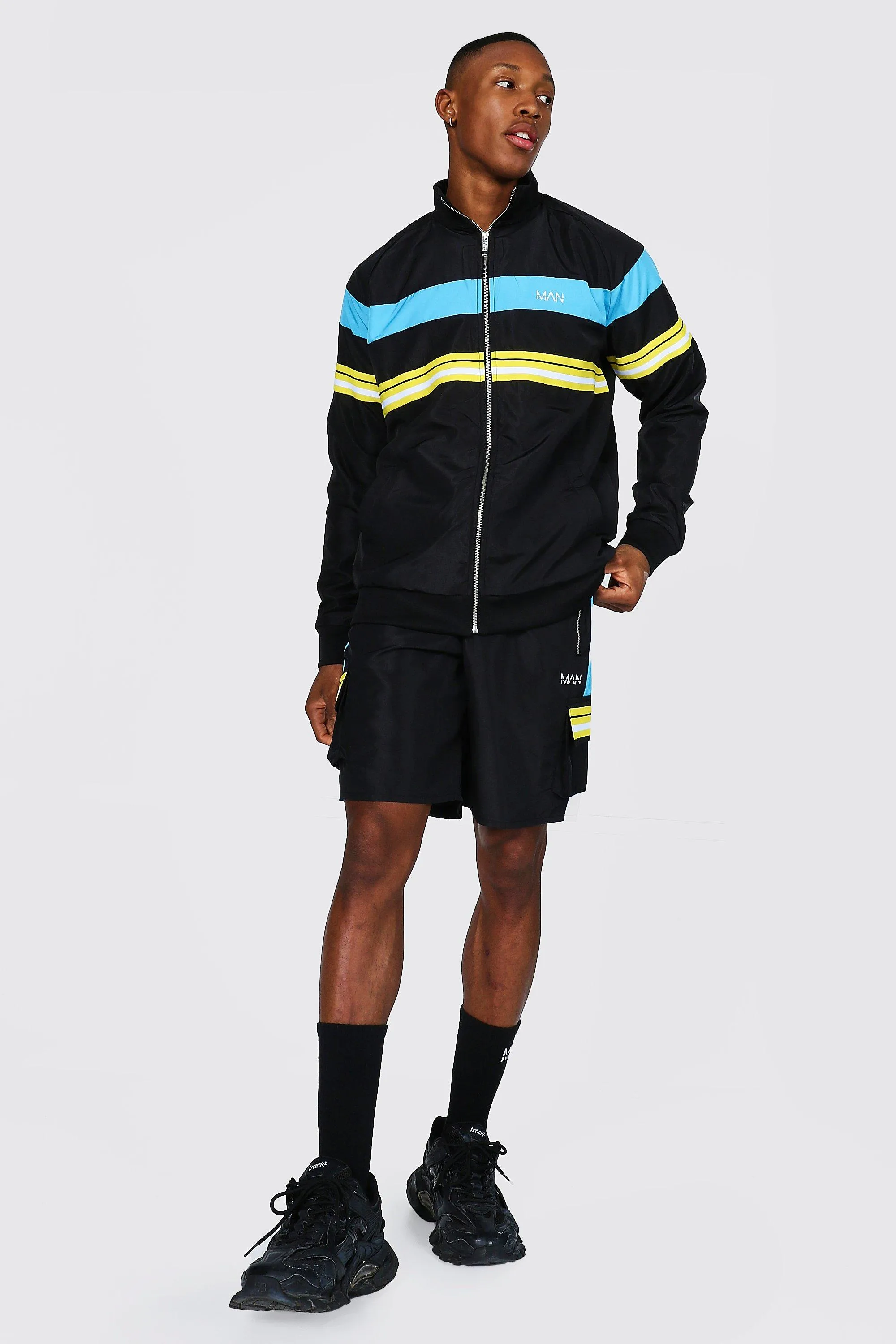 Man Shell Funnel Neck Tape Short Tracksuit | boohooMAN UK