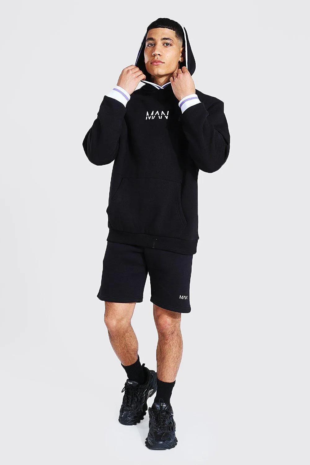 Man Sports Rib Hooded Short Tracksuit | boohooMAN UK