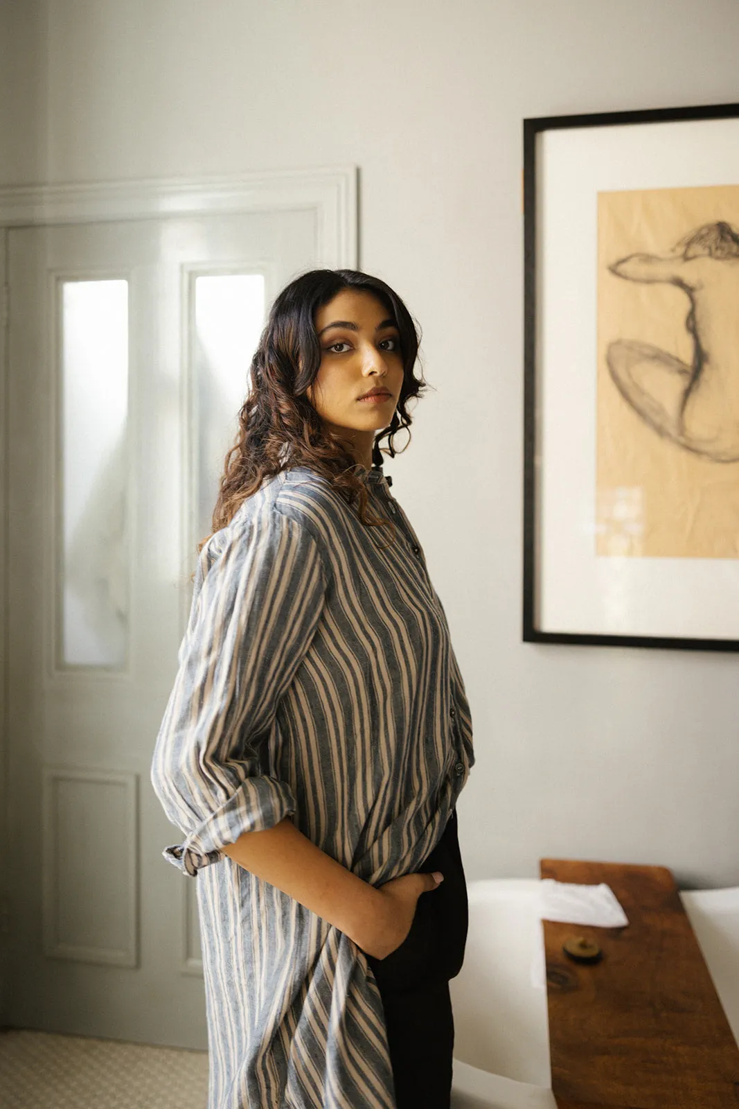 Manon Tunic - Thick Ticking Stripe Linen