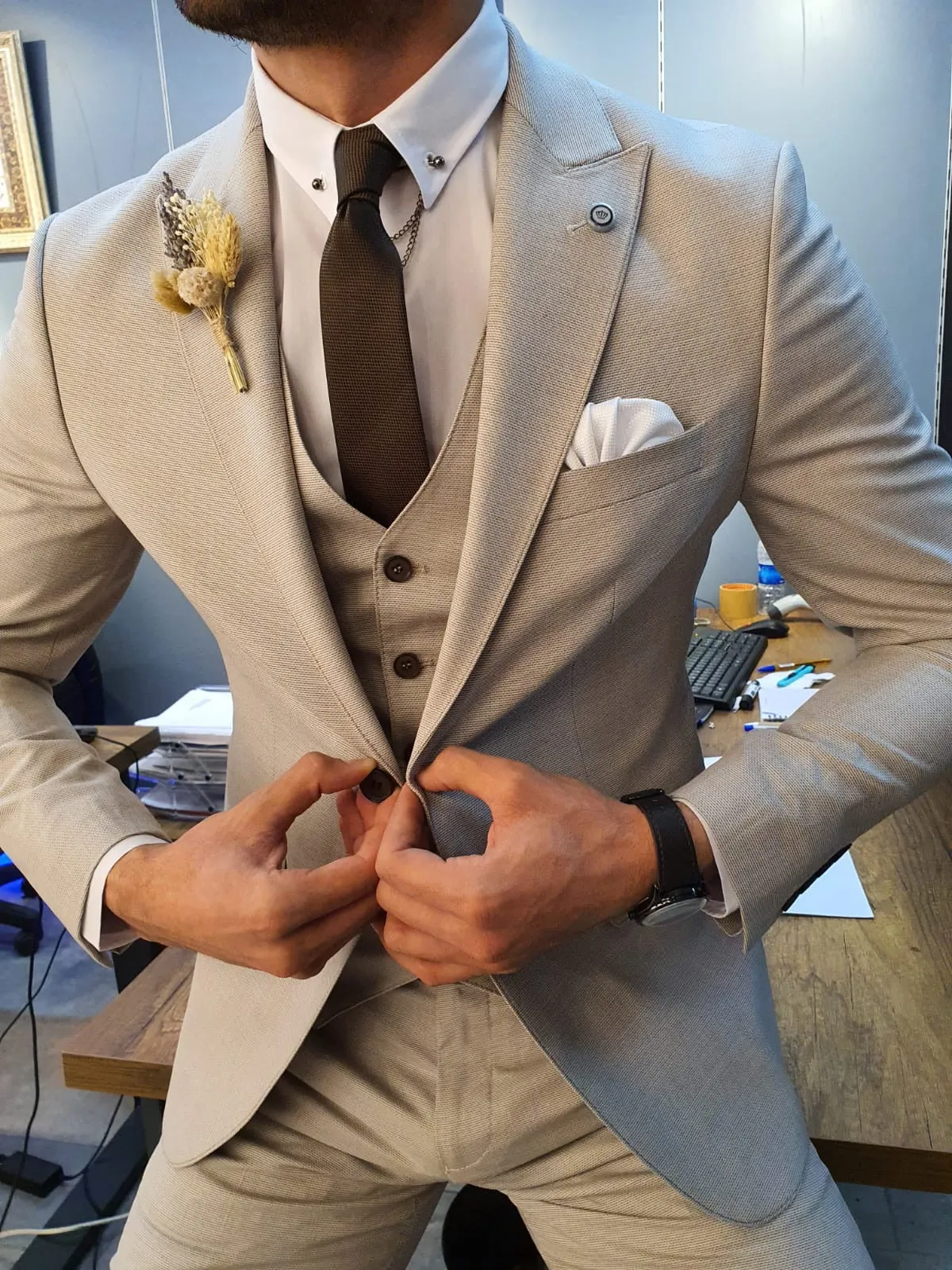 Marc Slim-Fit Suit Vest Beige