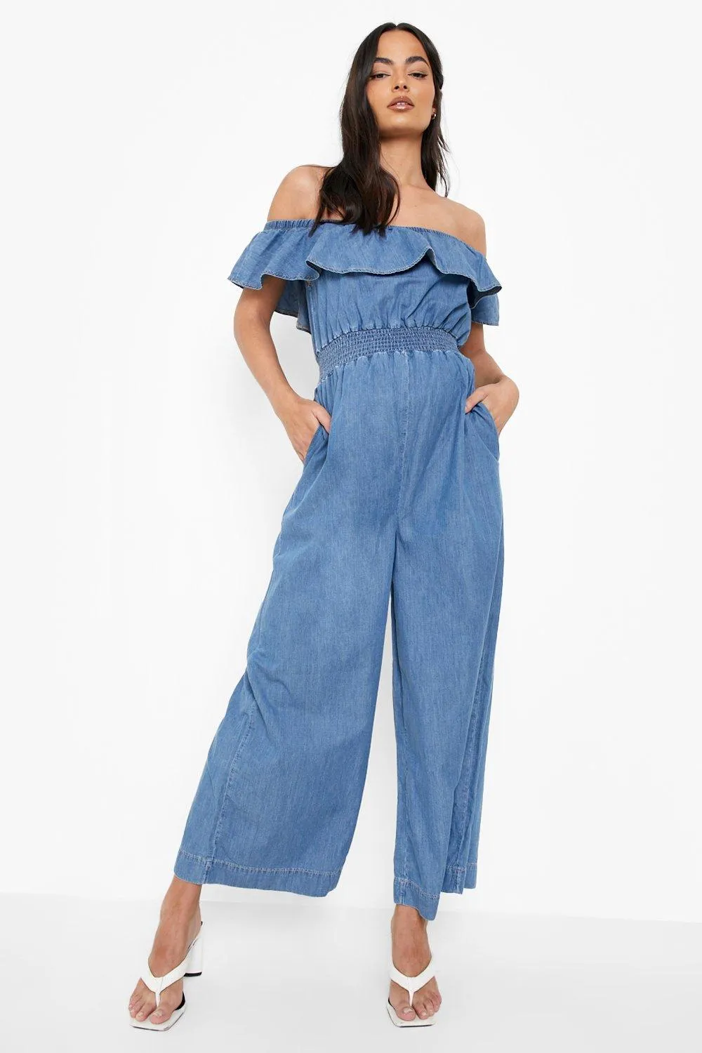 Maternity Bardot Chambray Culotte Jumpsuit
