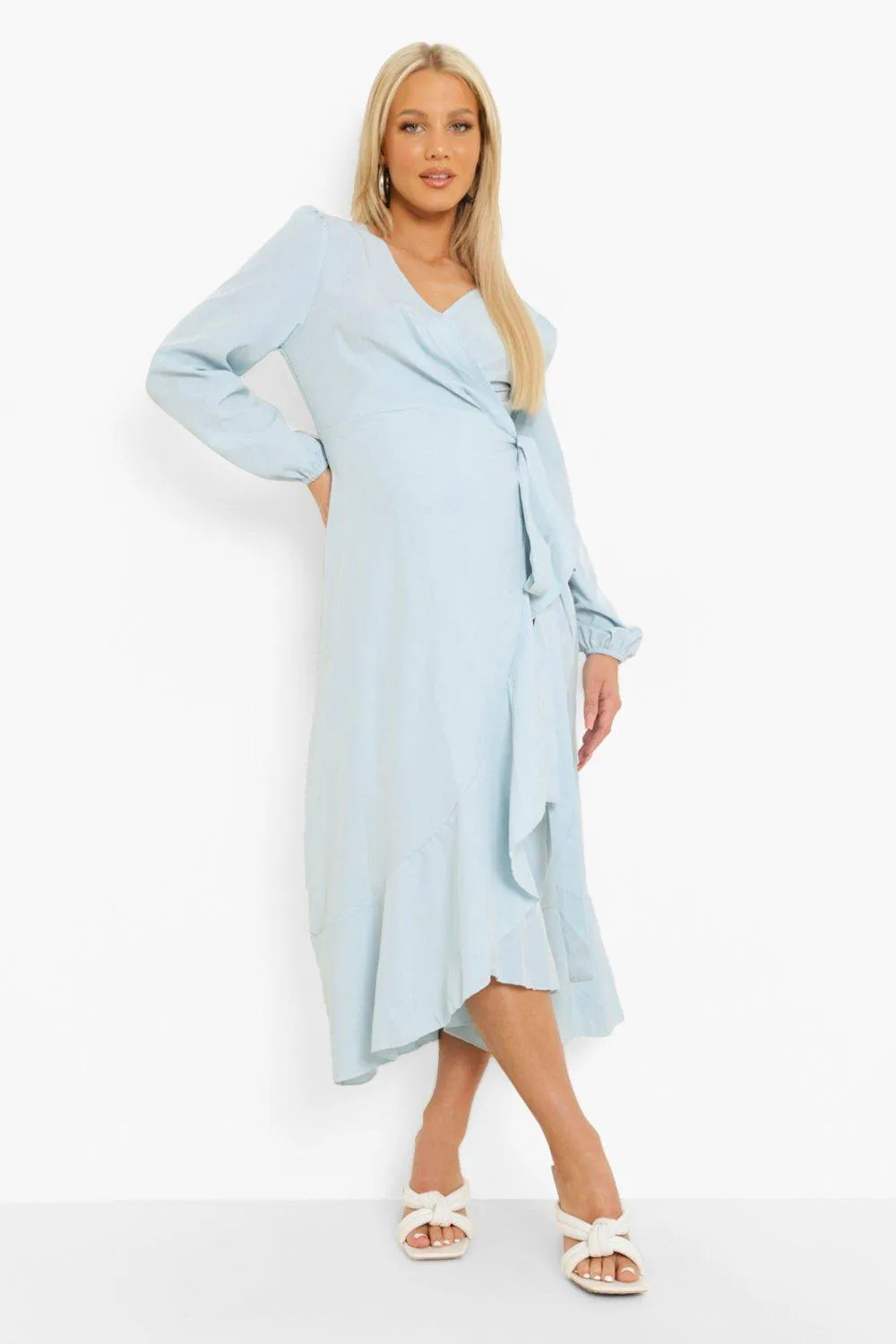 Maternity Wrap Tie Waist Frill Detail Midi Dress