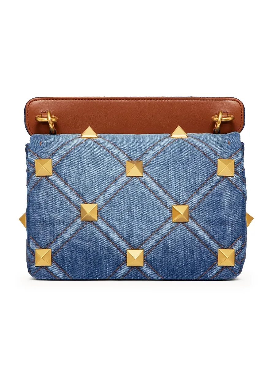 Medium Roman Stud The Shoulder Bag in Denim with Chain