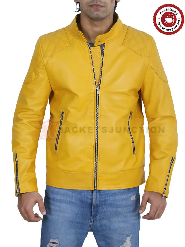 Men’s Yellow Cafe Racer Leather Biker Jacket