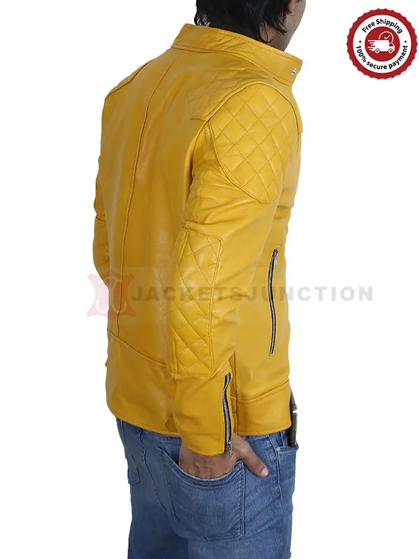 Men’s Yellow Cafe Racer Leather Biker Jacket