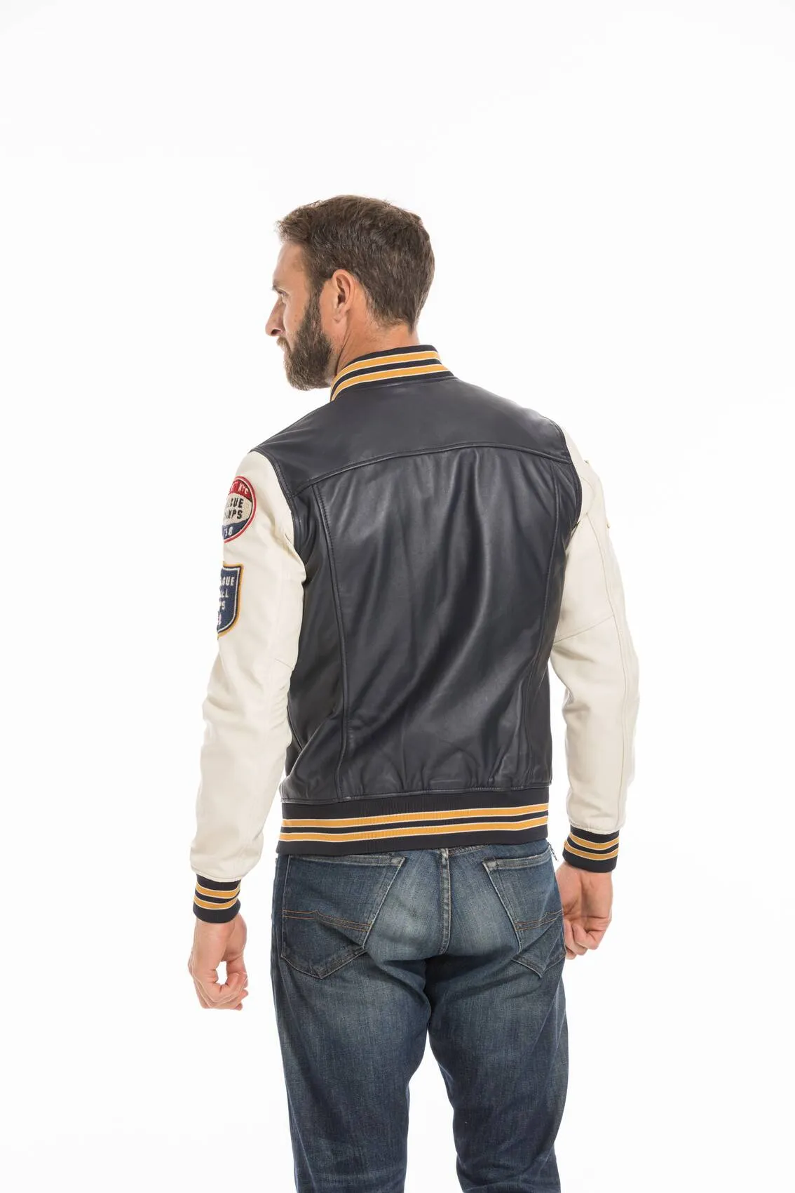 Men's navy/white teddy style leather jacket lcteddy