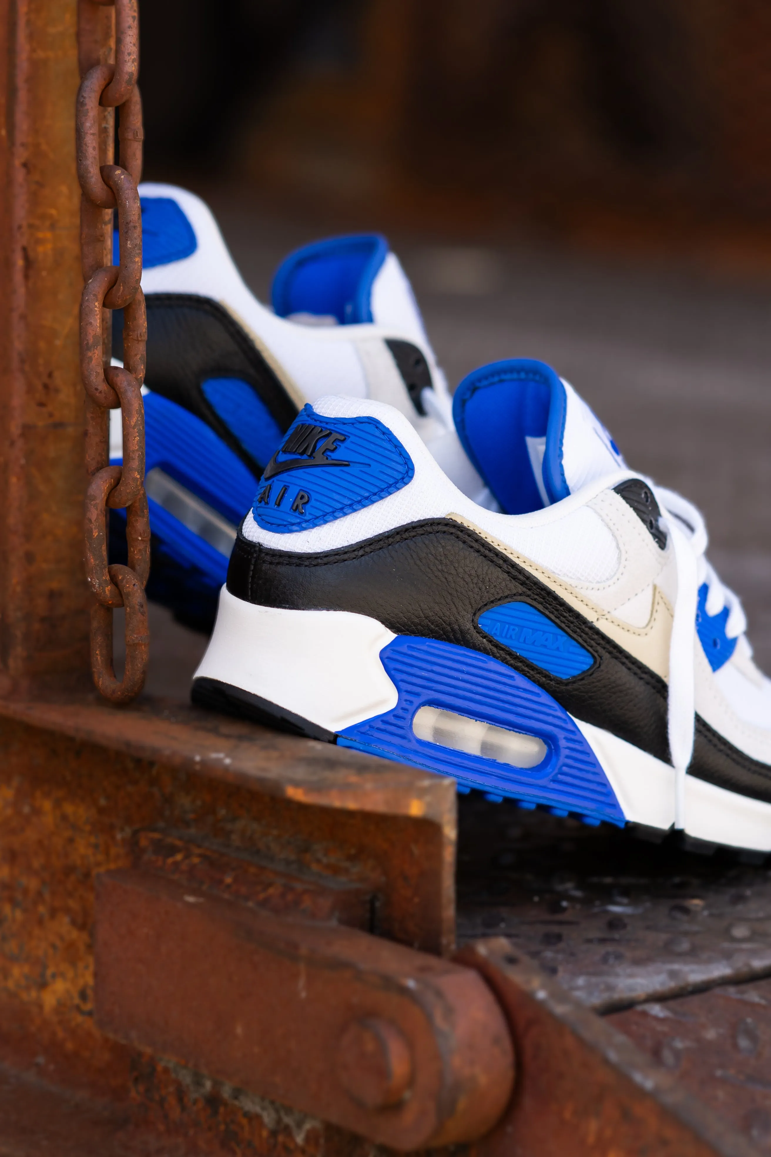 Mens Nike Air Max 90 Premium (White/Khaki/Racer Blue/Black)