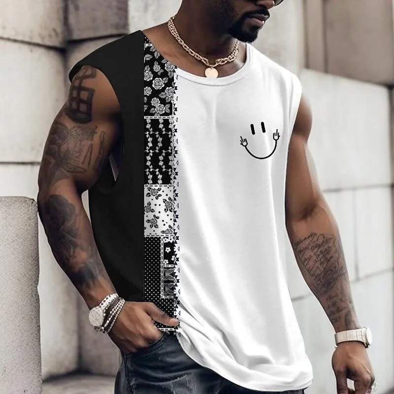 Men's Patchwork Smiley Print Crew Neck Sleeveless Tank Top 11980008Y