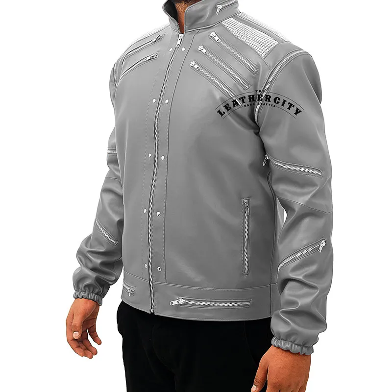 Michael Jackson Beat It Leather Jacket in Light Grey Color -TLC