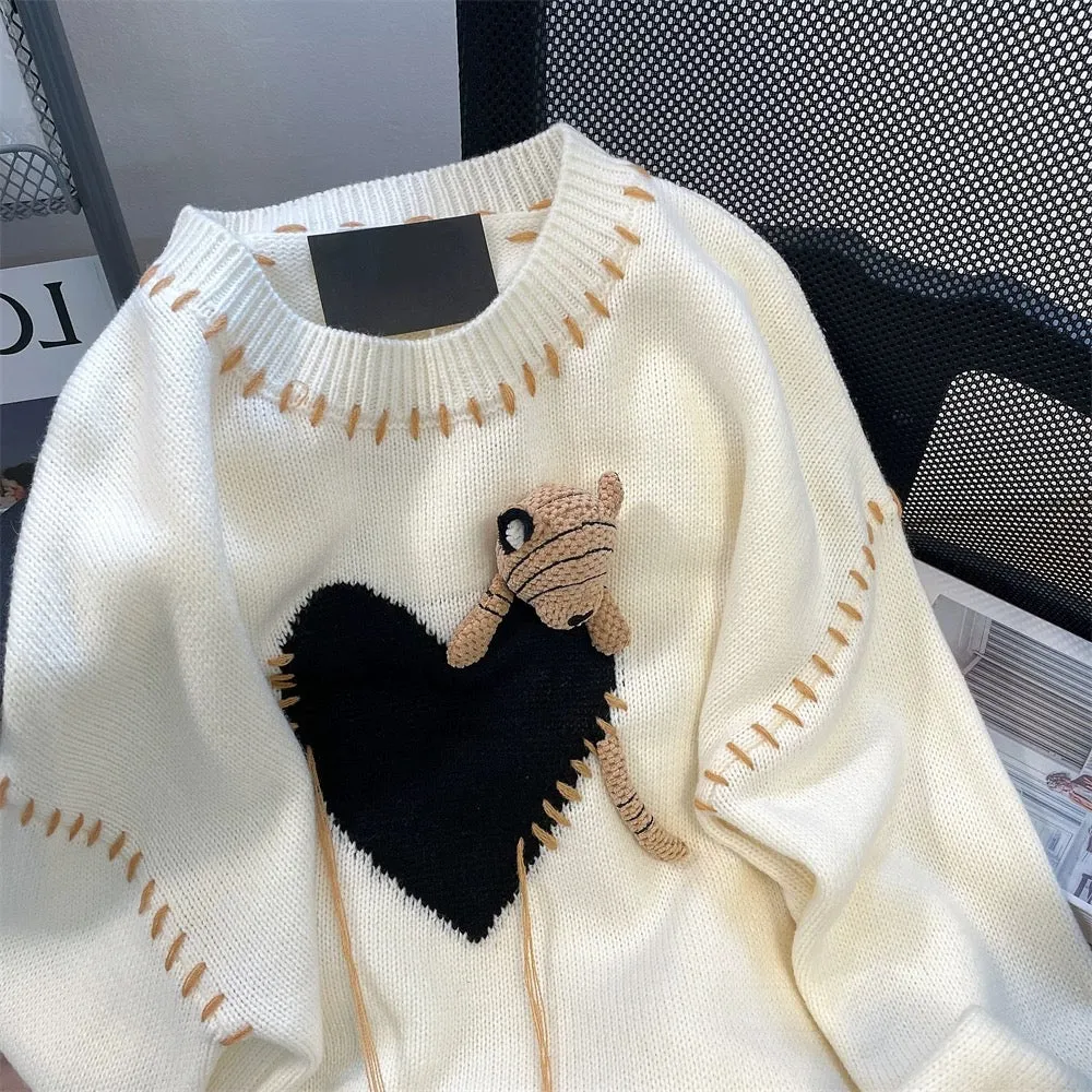 Milky and gentle style unique three-dimensional bear love sweater men and women loose design niche soft and glutinous knitted to