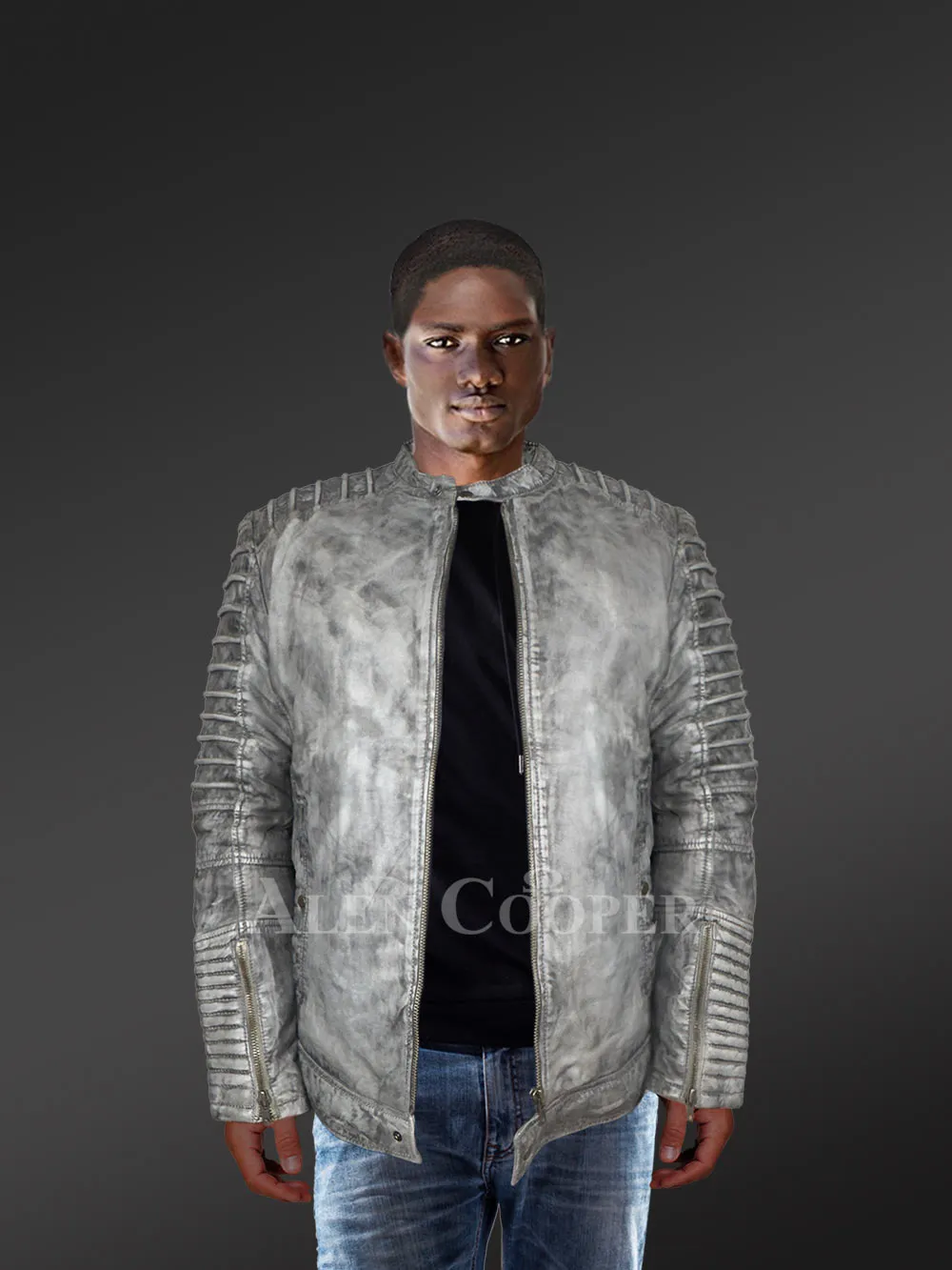 Motorcycle leather jacket Mens in classic fusion of grey shades
