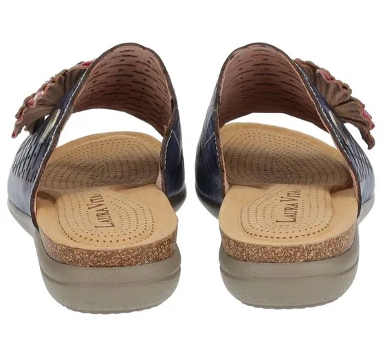 Mules d'été femme Laura Vita en cuir véritable avec décoration florale LILOO 11 bleu