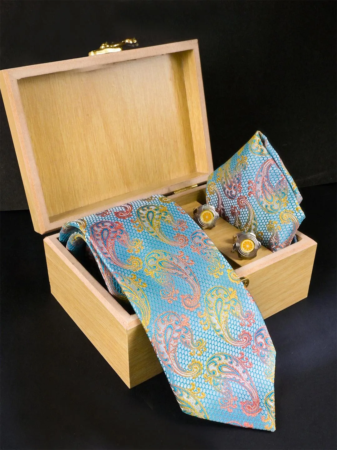 Multi Paisley Micro Silk Necktie With Pocket Square & Cufflinks