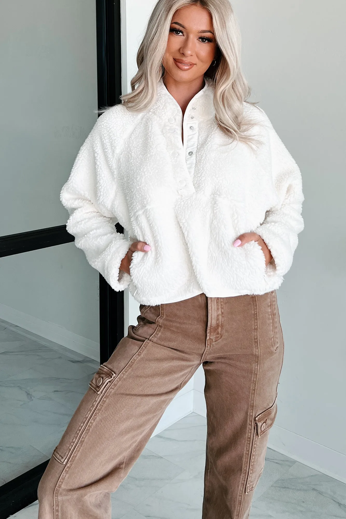 My Cozy Life Sherpa Teddy Pullover (White)