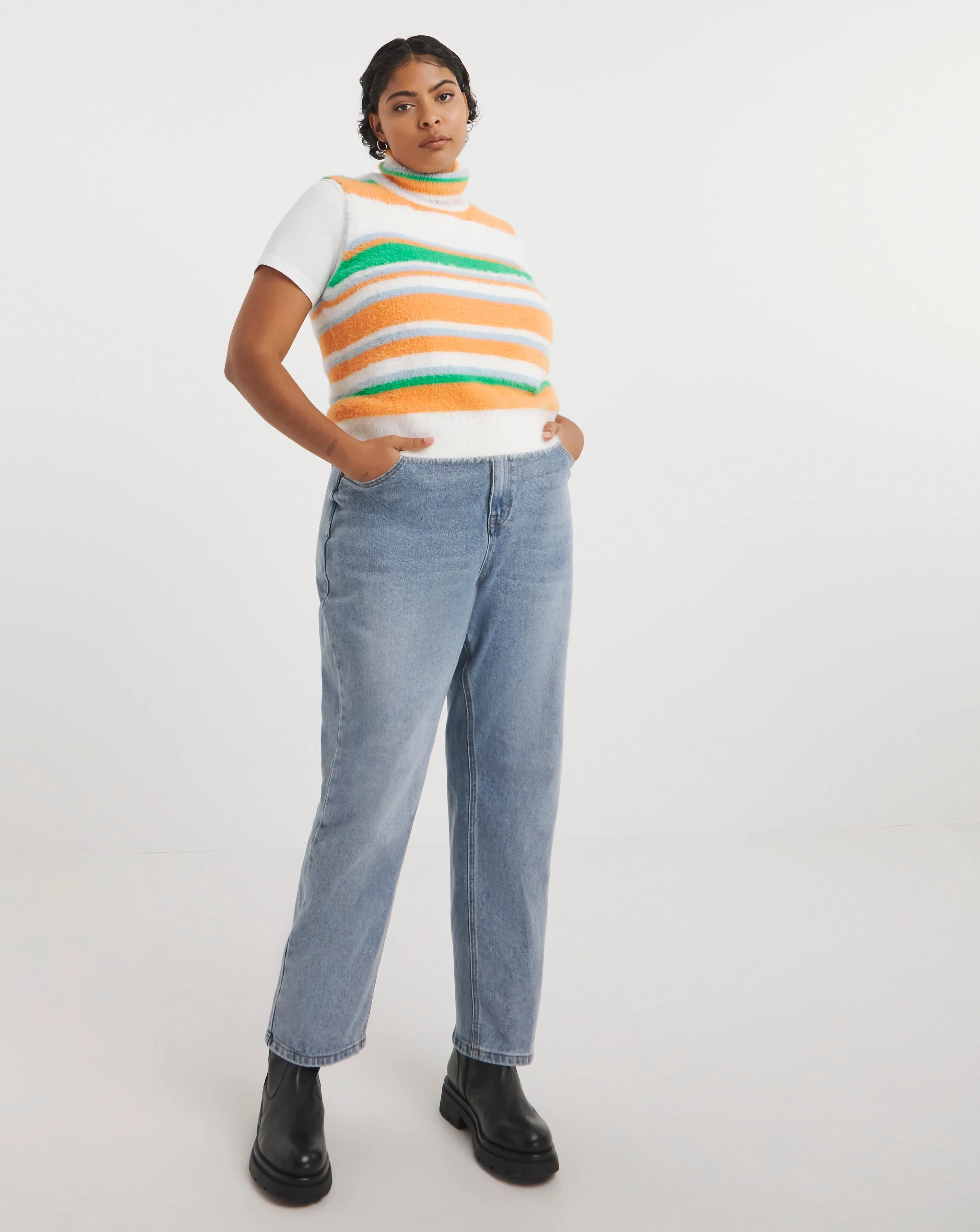 Native Youth Fluffy Roll Neck Stripe Vest | Simply Be