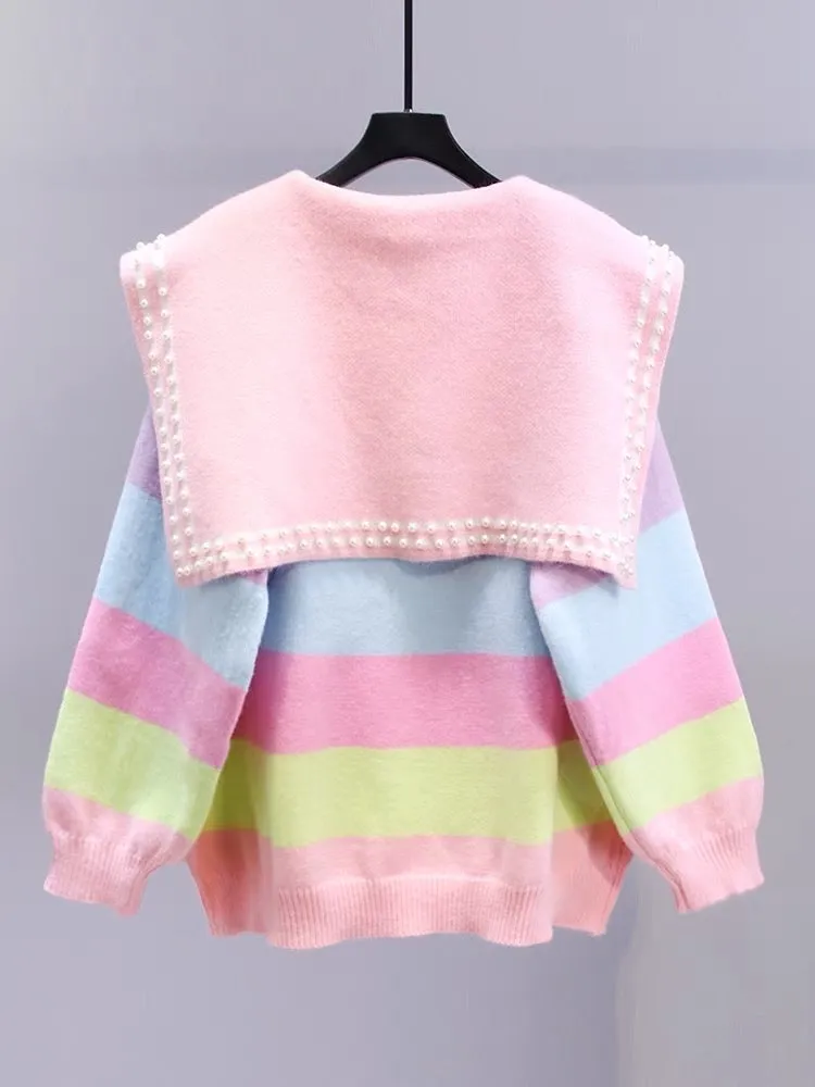 Navy collar contrast striped sweater women's autumn and winter 2023 new loose college style outer wear age-reducing knitted swea