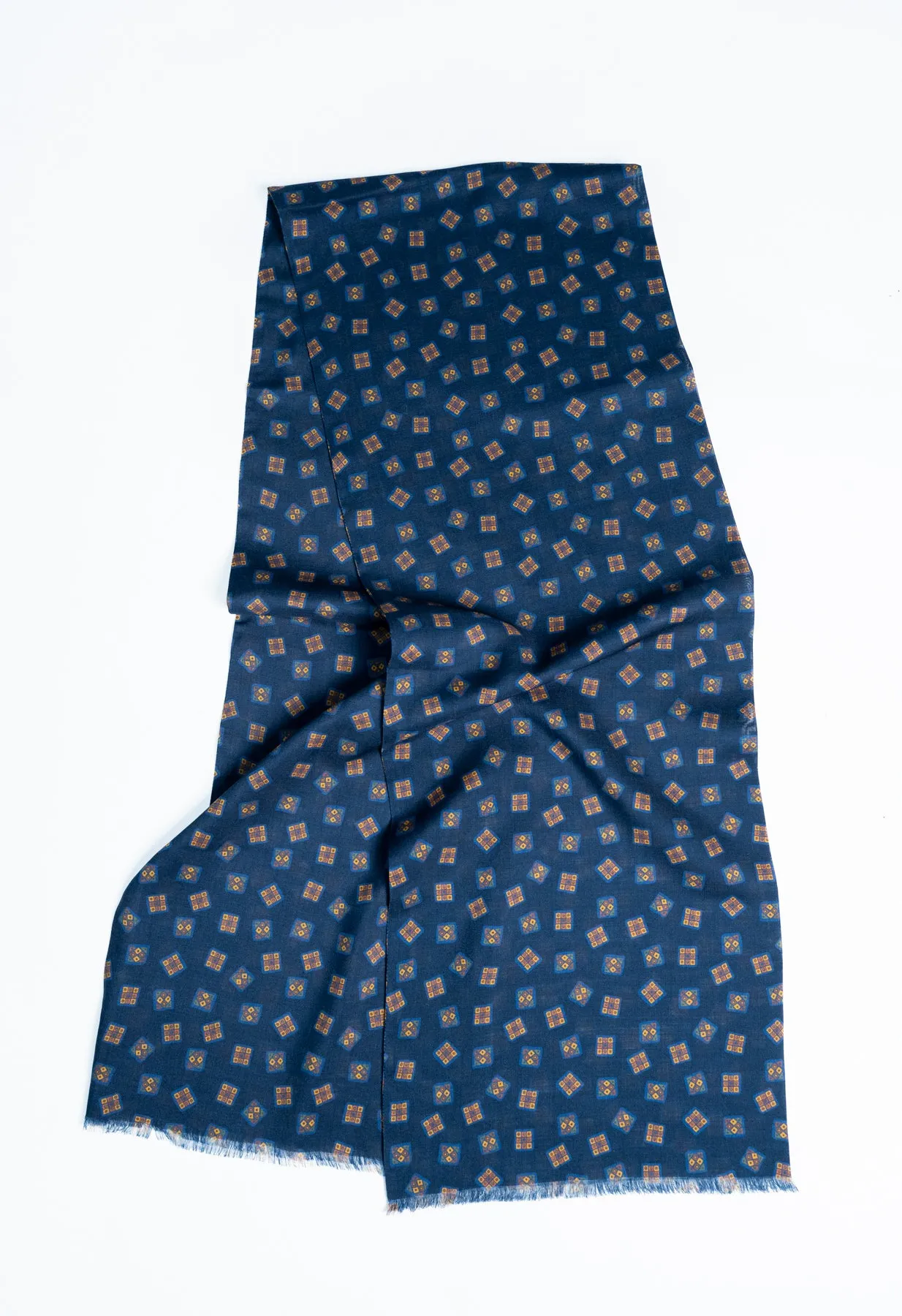Navy Geomatric Motif Wool Silk Scarf