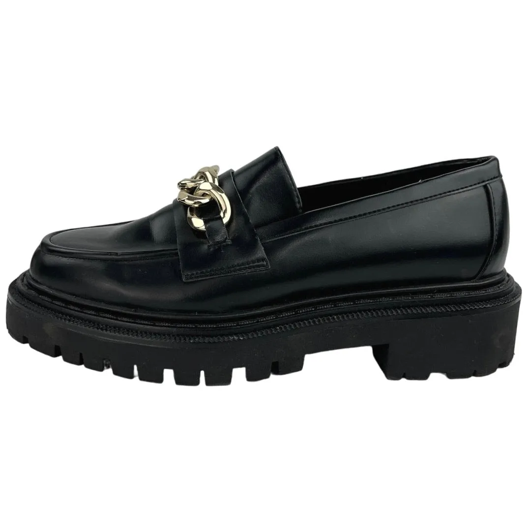 NEW H&M Black Chain Leather Slip On Preppy Chunky Platform Loafers Shoes 9.5