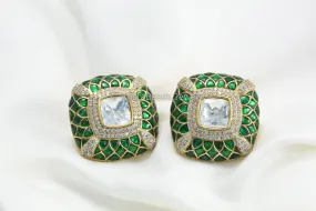 Next To Real Large Moissanite Polki & Jadau Stone Studs - Green