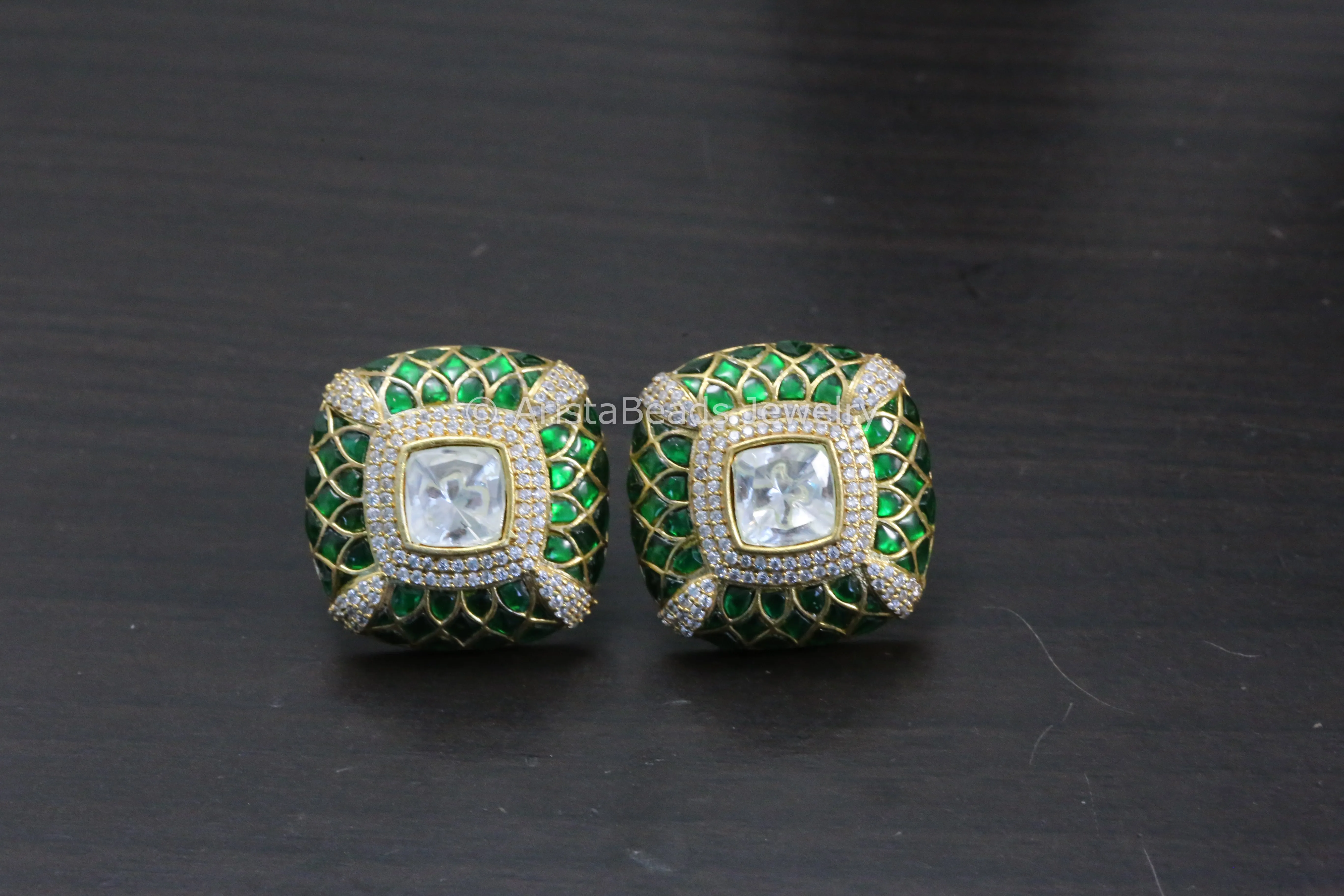 Next To Real Large Moissanite Polki & Jadau Stone Studs - Green